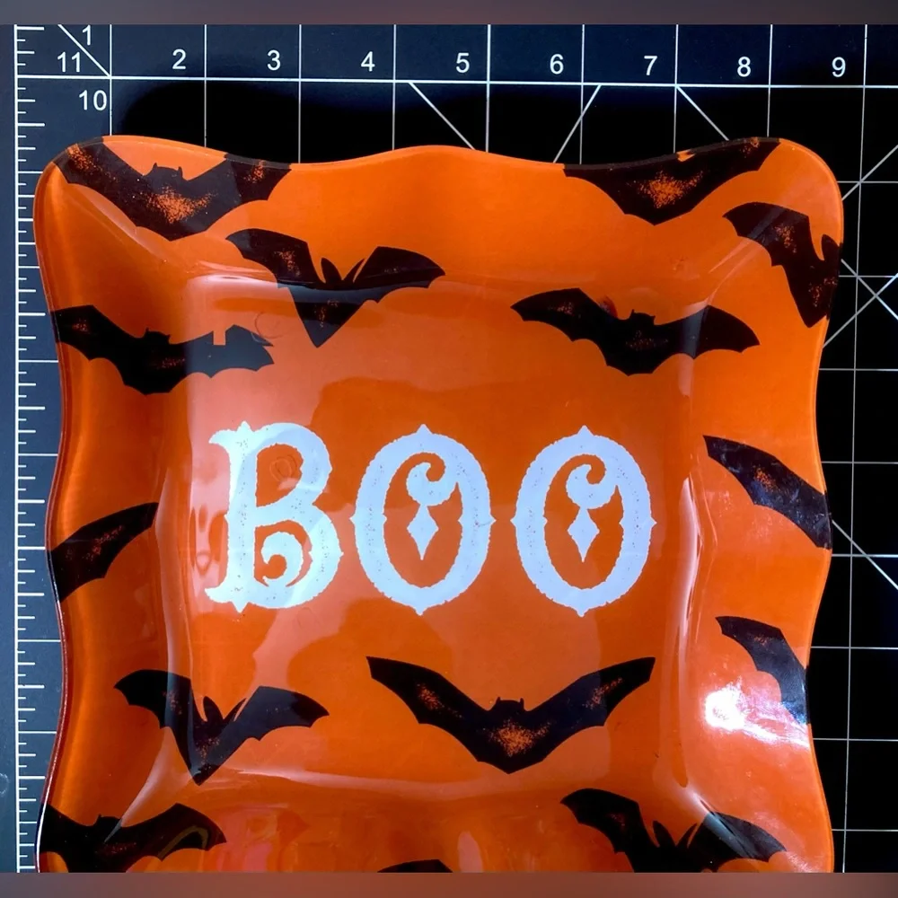 Orange and Black Glass Halloween BOO Bat Dish Creepy Cute Decor